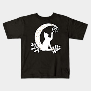 Wicca Crescent Moon Cat Pentacle And Gold Stars Kids T-Shirt